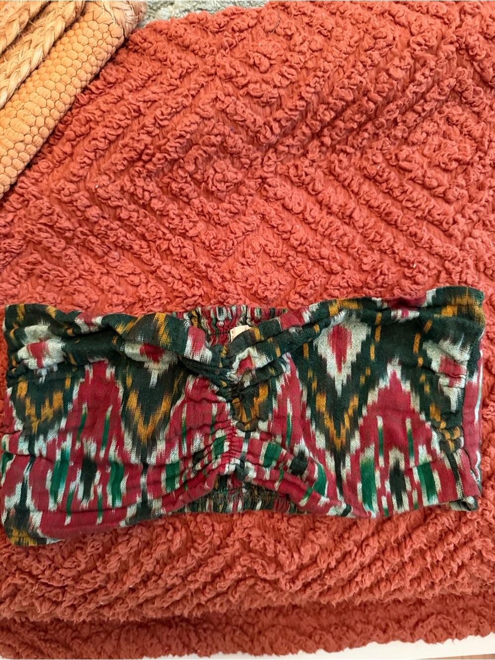 Patterned Bandeau Tube Top in Burgundy, Green & Black
